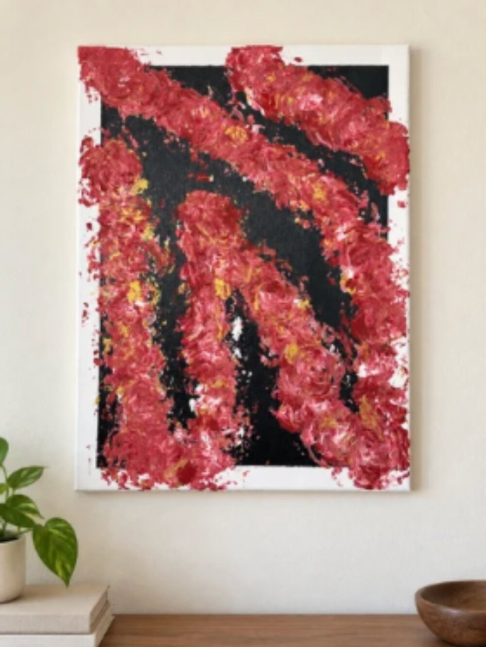 Original Hand-Painted Abstract Canvas – Red, Black & Gold – 12x9